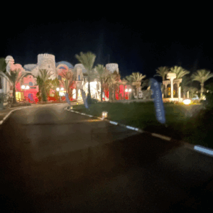 Eingangsallee zu beleuchtetem Schloss bei Nacht